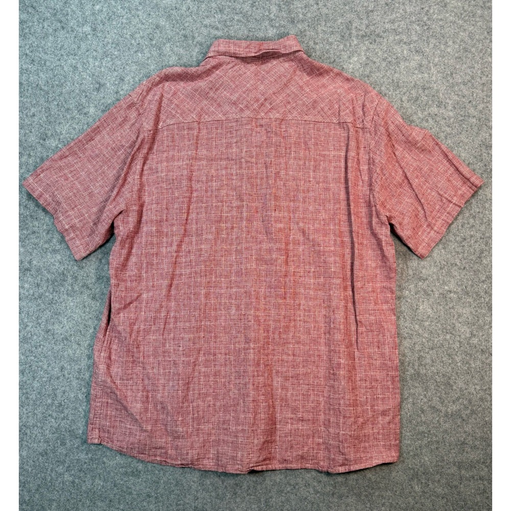 Carbon2Cobalt Mens Large Red Linen Cotton Short Sleeve Button Up Shirt Grid L - Picture 6 of 6